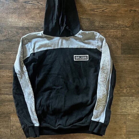 American Eagle Hoodie Pullover Black Gray AE USA Logo Spellout Sleeve - Picture 1 of 9